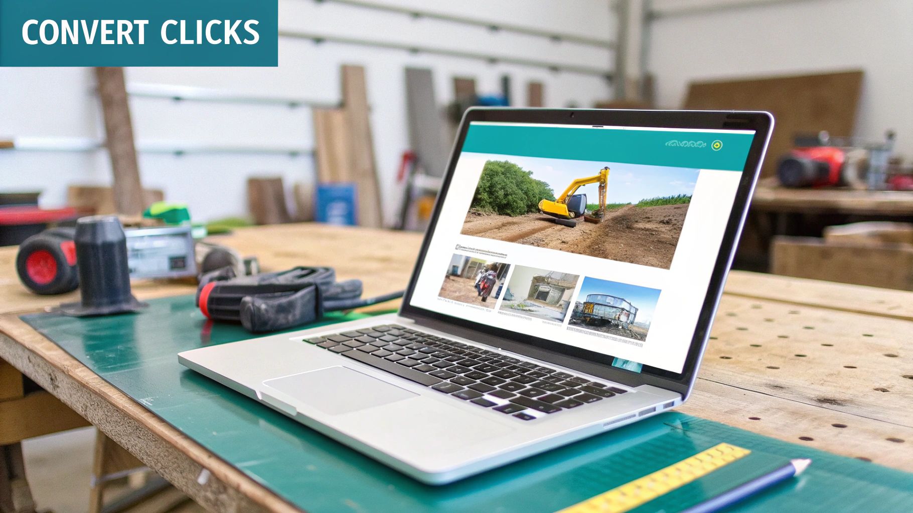 A laptop showing construction excavators on a webpage, on a workshop bench with tools, and "CONVERT CLICKS" text.