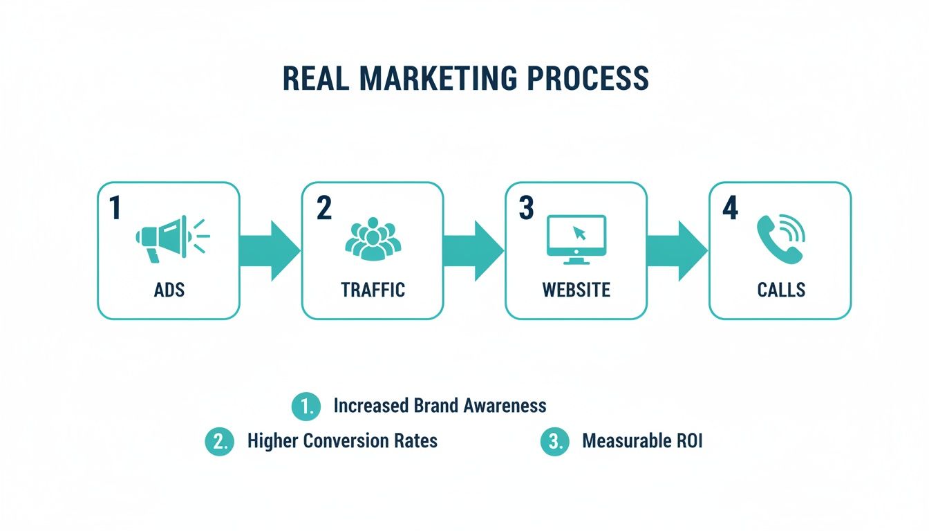 Flowchart illustrating a real marketing process from ads to traffic, website, and calls, highlighting key benefits.