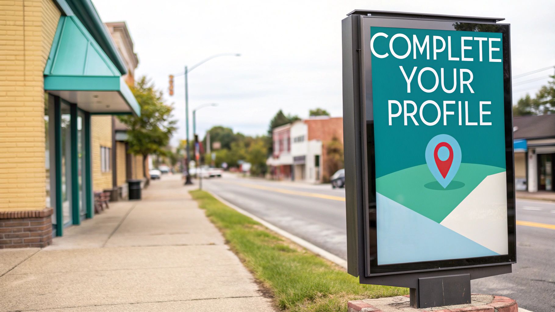 A digital billboard on a city street displays 'COMPLETE YOUR PROFILE' with a map pin icon, encouraging local business listings.