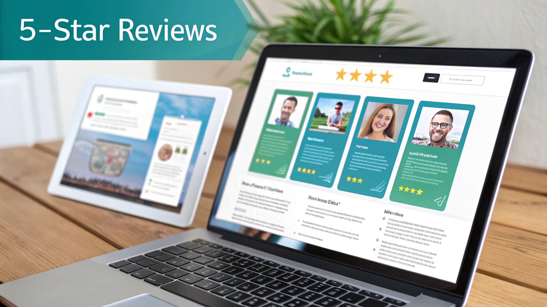 Laptop displaying a website with prominent 5-star customer reviews and user profiles, alongside a tablet.