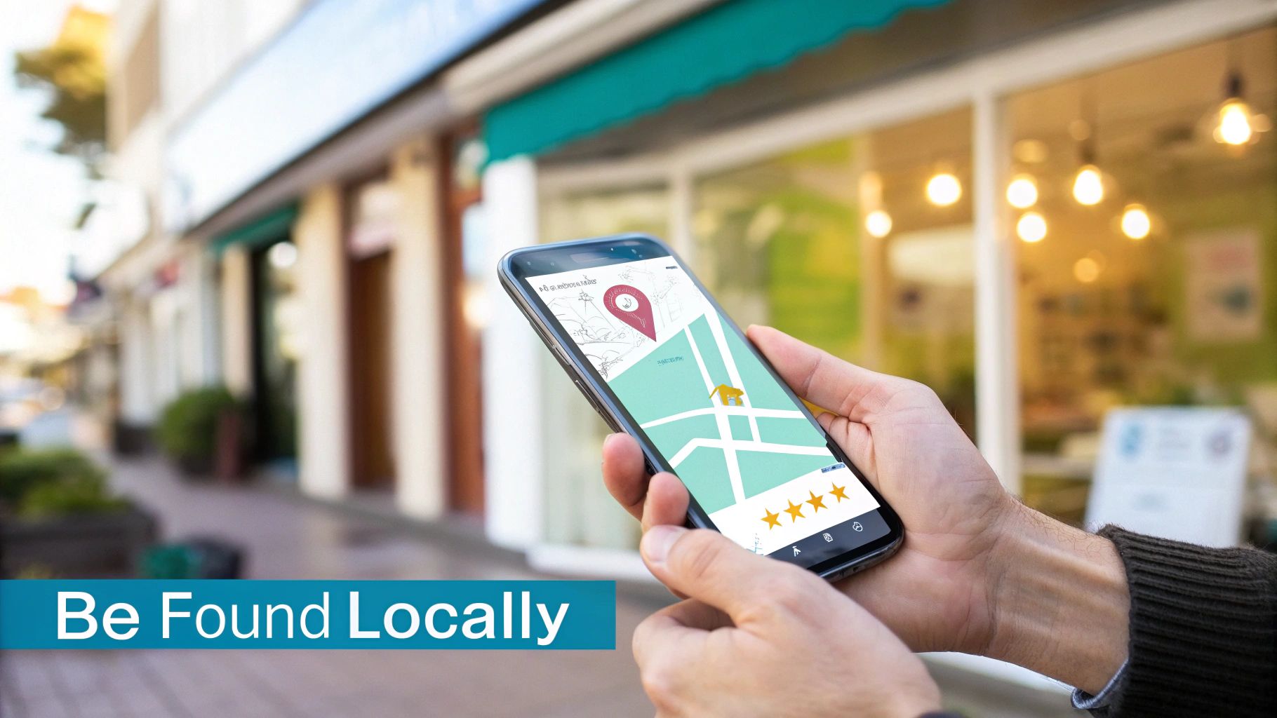 A hand holds a smartphone displaying a local map with a pin and star ratings, suggesting local business search.