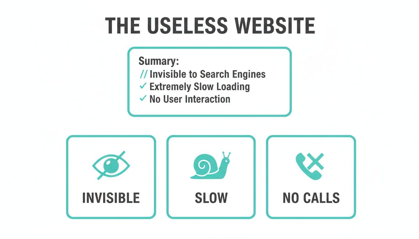 Infographic showing characteristics of a useless website: invisible to search engines, slow loading, and no user interaction.