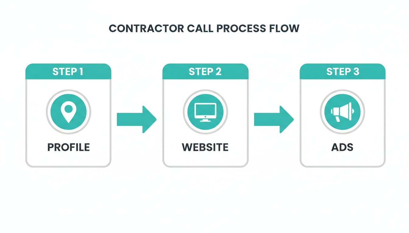 A three-step contractor call process flow, illustrating profile, website, and ads.