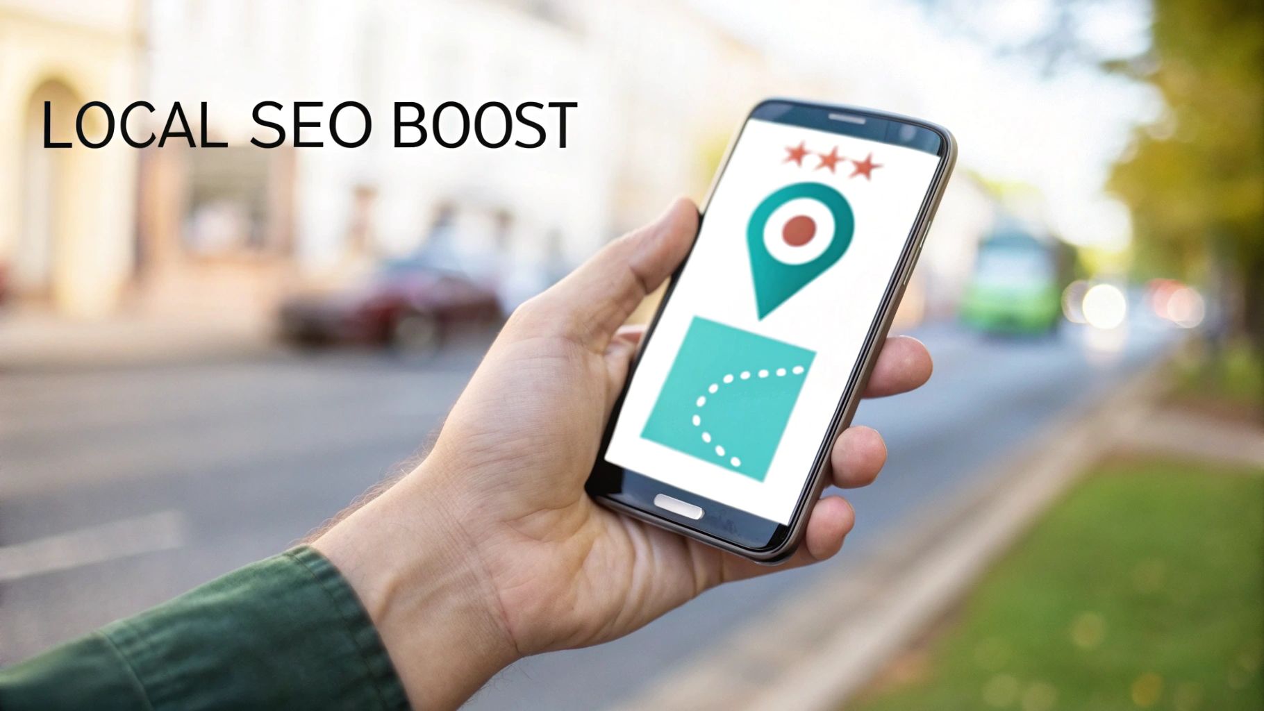 Hand holding smartphone displaying local business location pin with star rating for local SEO