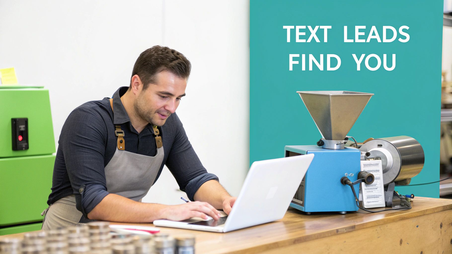 A man in an apron works on a laptop at a counter with industrial machines, illustrating business operations.