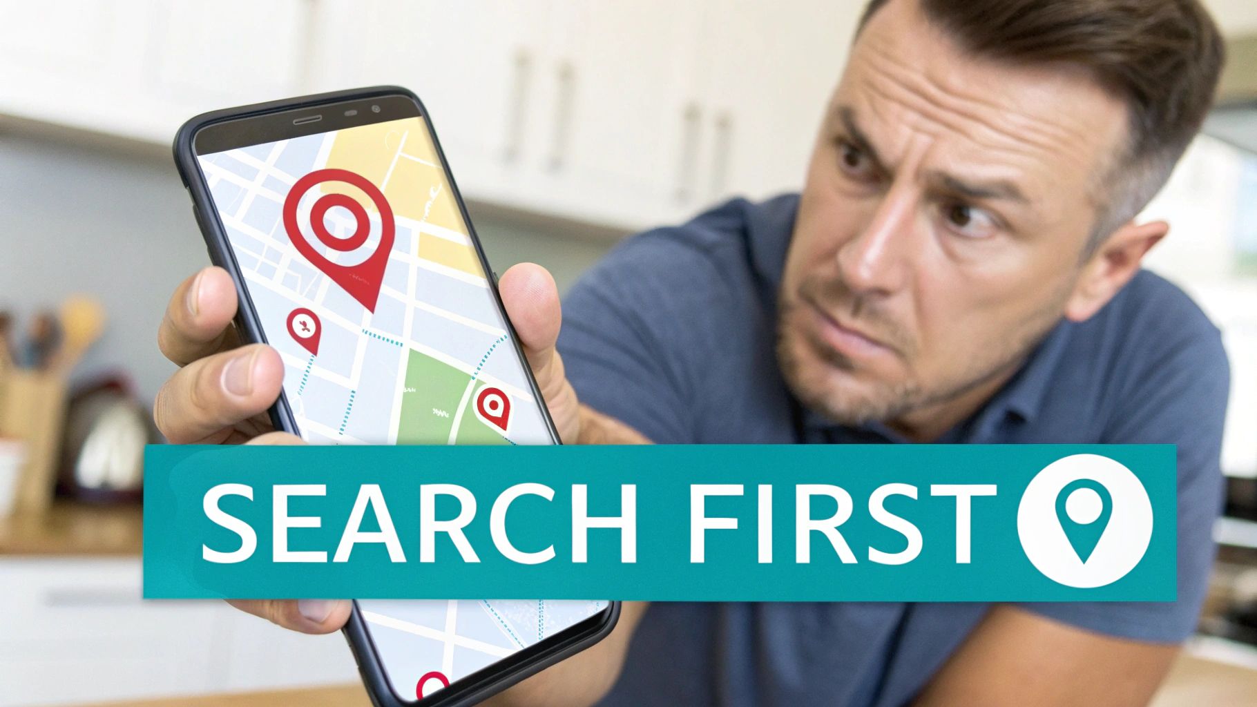 Confused man holds a smartphone displaying a map with red location pins and a "SEARCH FIRST" banner.