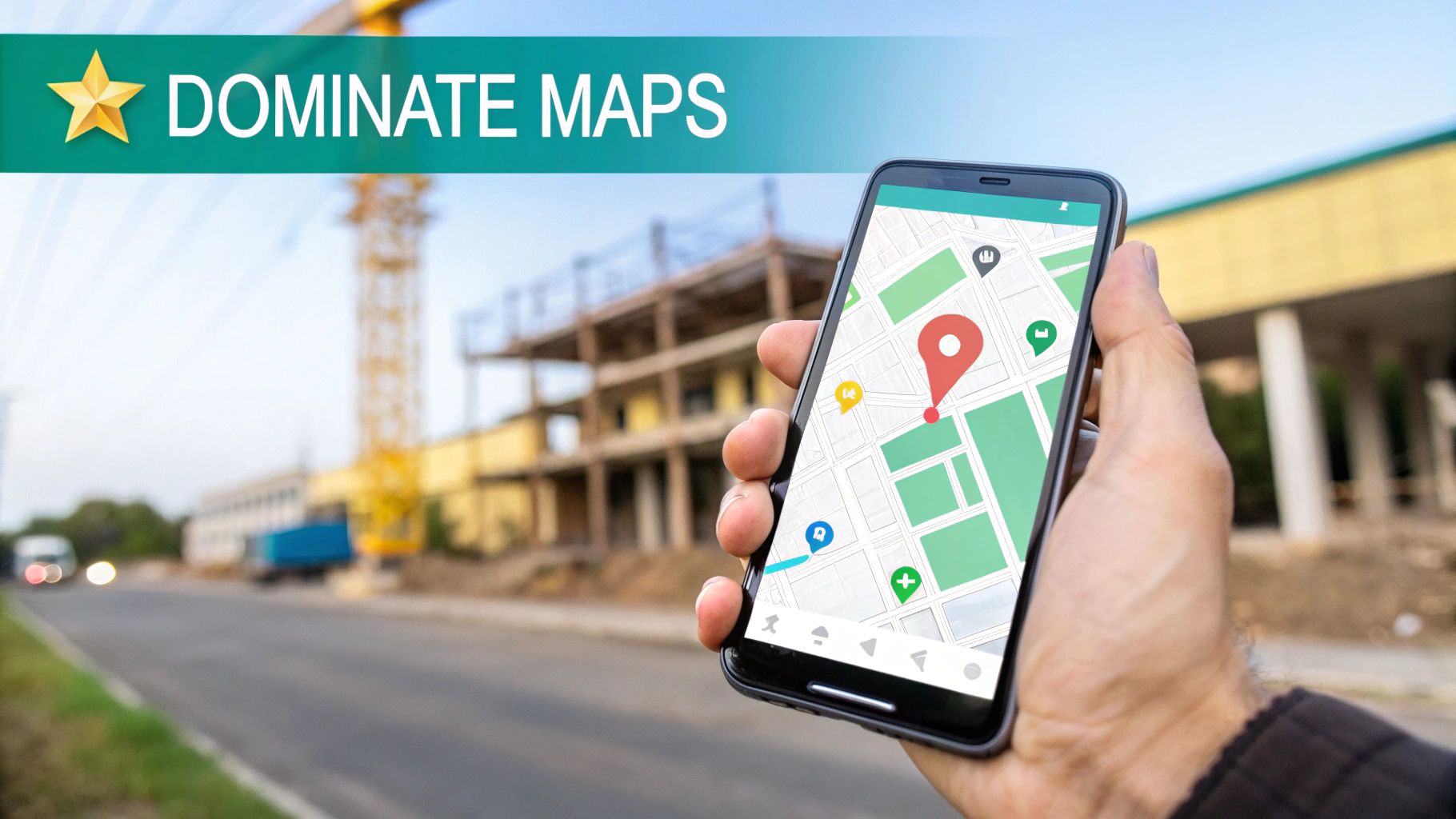 A hand holds a smartphone displaying a map with a red pin, illustrating map dominance for local businesses.
