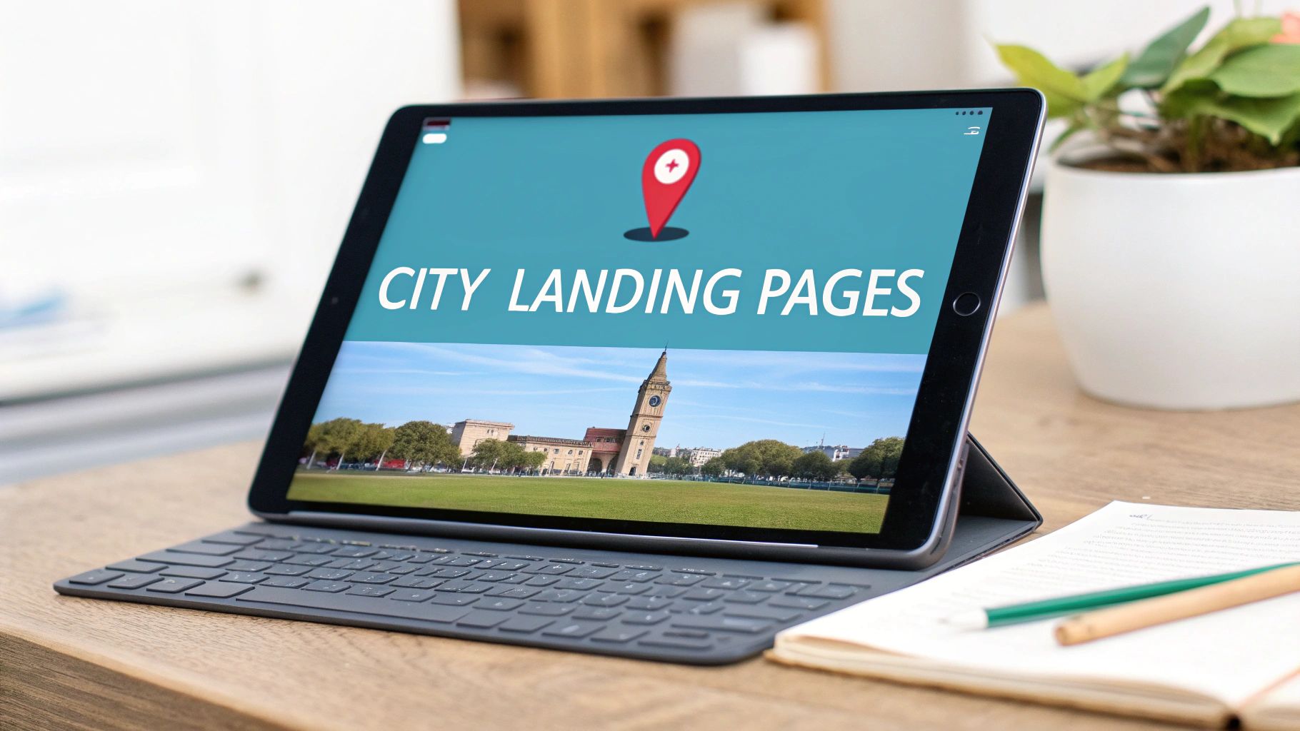Tablet showing "CITY LANDING PAGES" with a map pin and a historic city view, on a wooden desk.