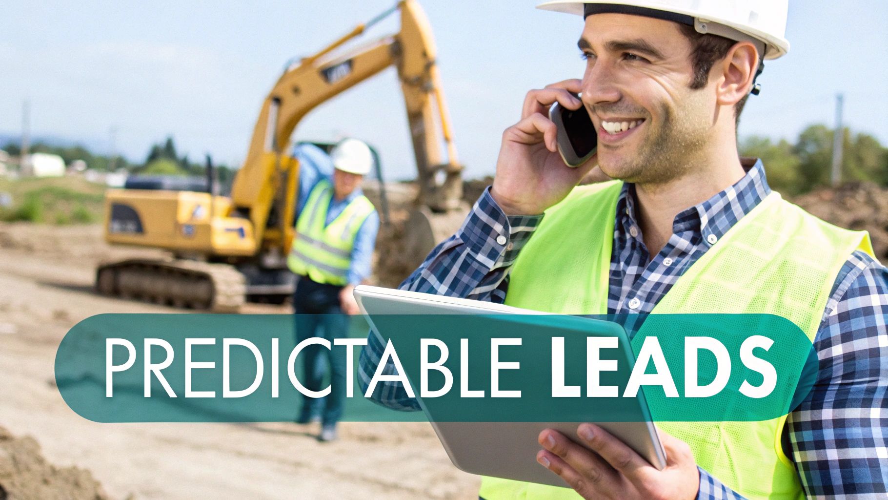 Smiling construction worker in hard hat and safety vest, talking on phone, holding tablet at construction site.