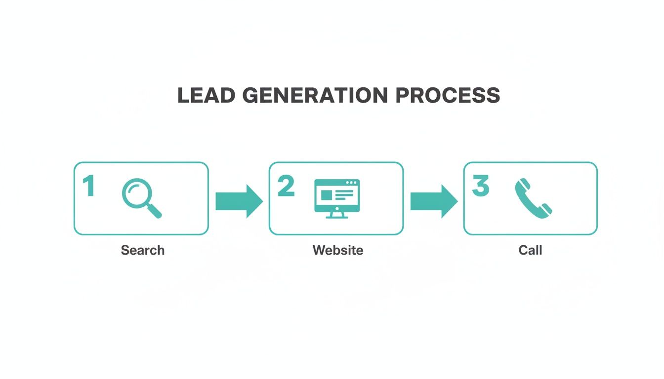 Flowchart illustrating the lead generation process: Search, Website, and Call steps.