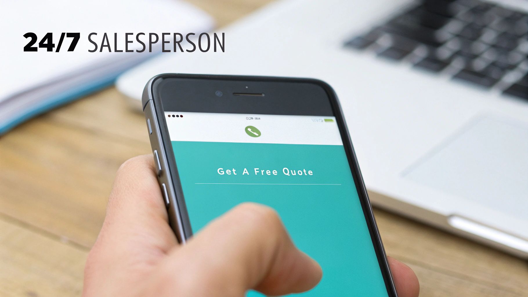 A hand holds a smartphone displaying 'Get A Free Quote' and a phone icon, with '24/7 SALESPERSON' text.