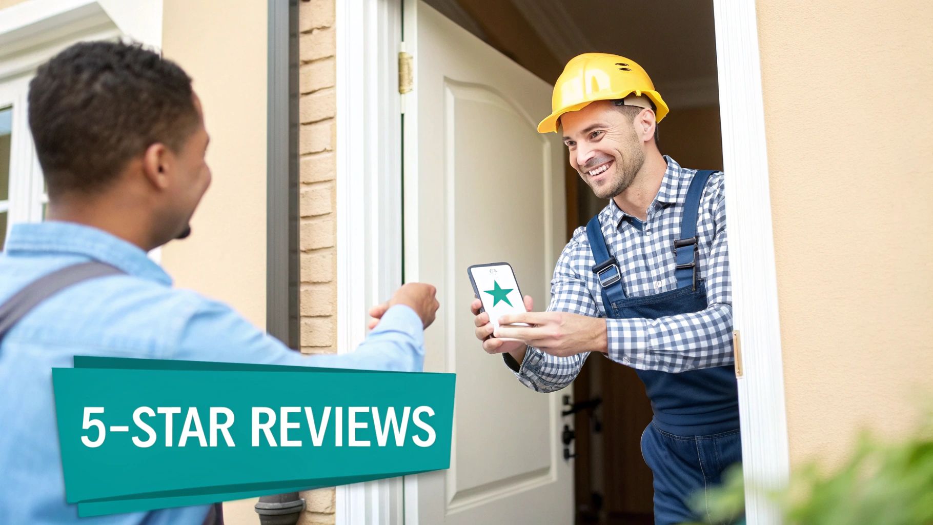 A smiling contractor in a hard hat shows a phone displaying a 5-star review to a customer at a doorway.