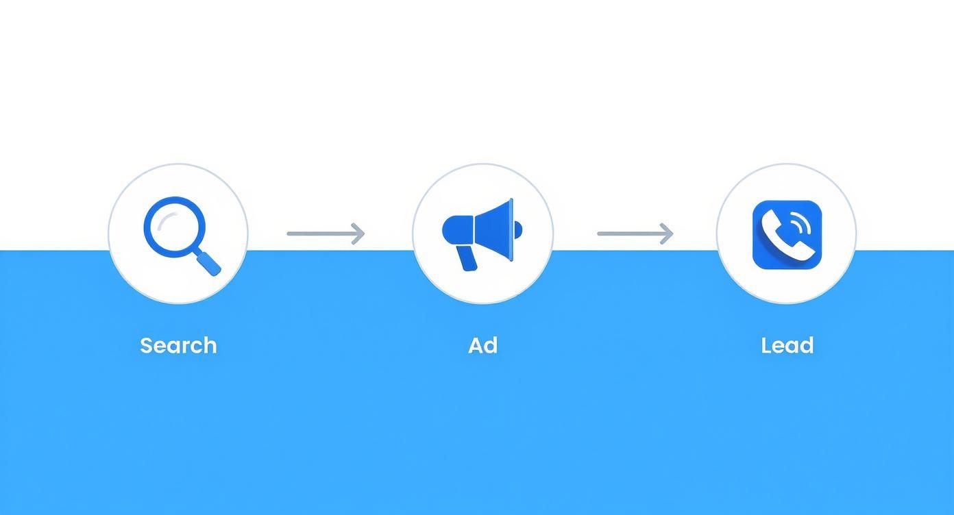 Flowchart illustrating the customer journey from search to ad exposure and finally becoming a lead.