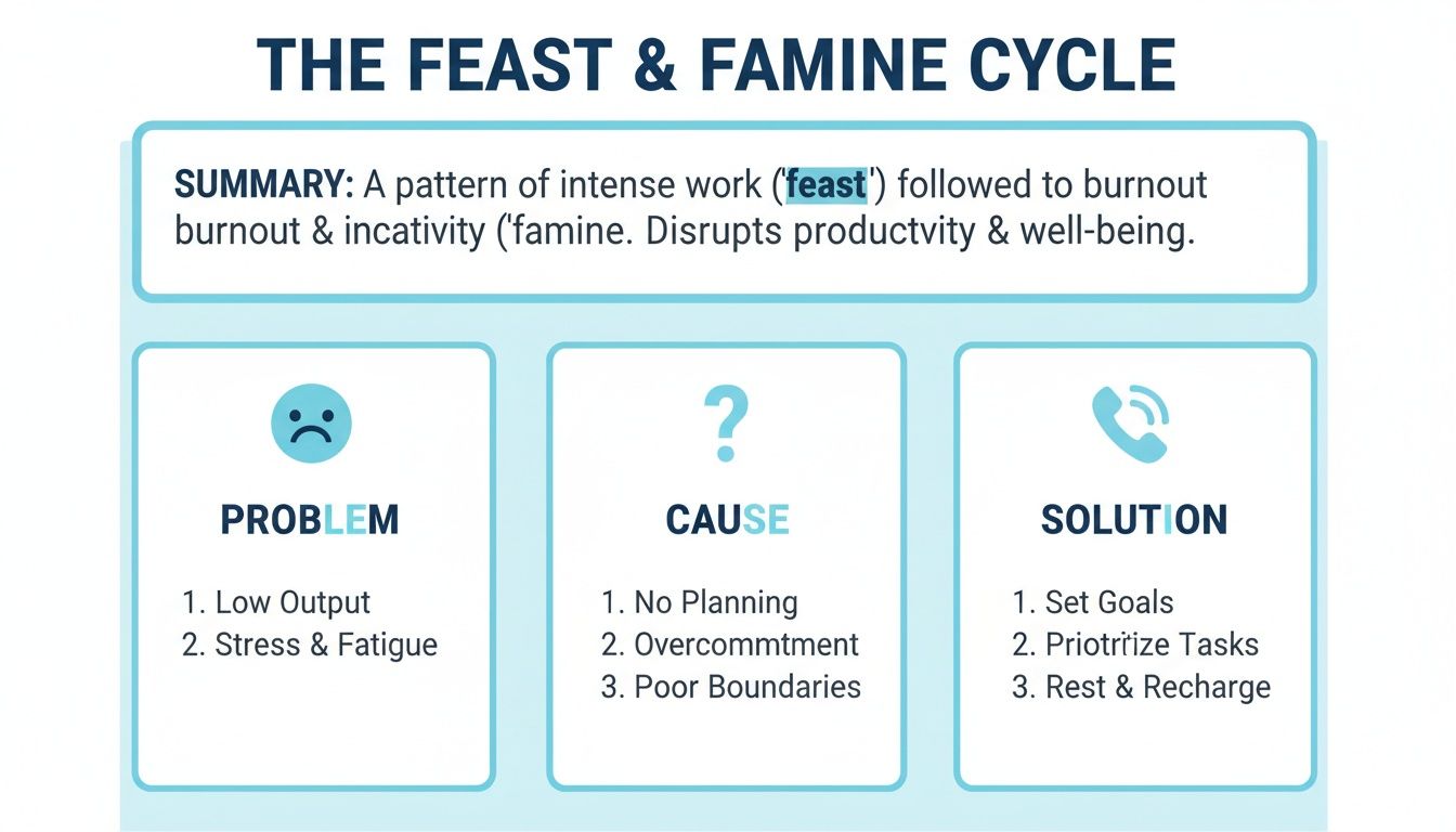 Diagram explaining the feast and famine work cycle, its problems, causes, and solutions for productivity.