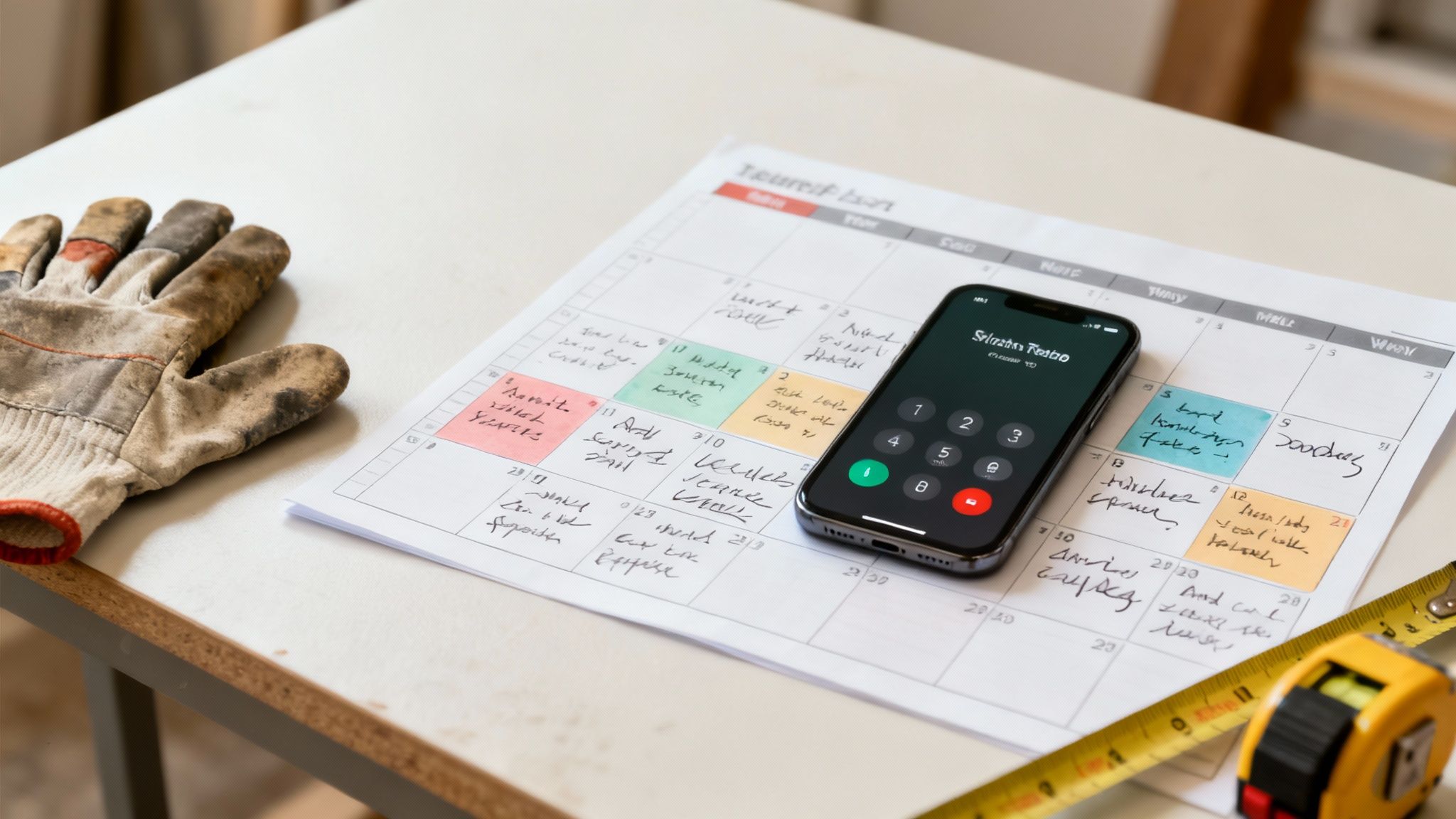 A contractor reviewing a blueprint on a tablet at a construction site.