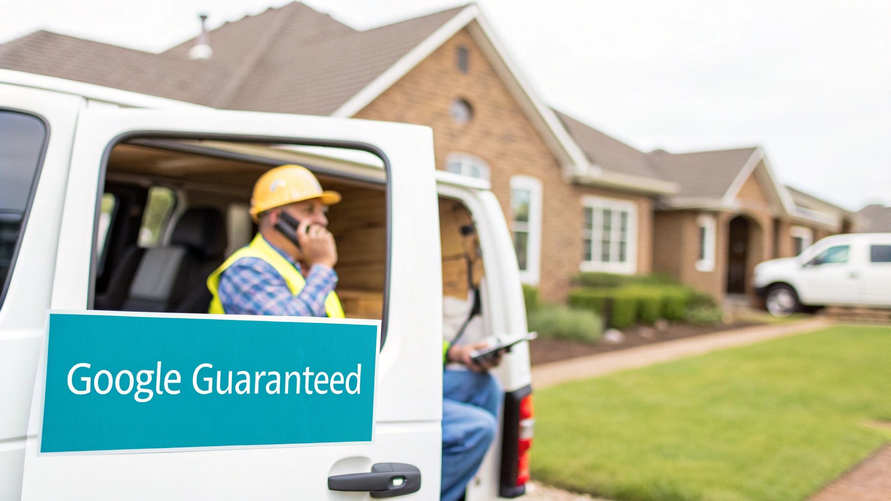 A Google Guaranteed service van with two contractors parked in front of a suburban house.