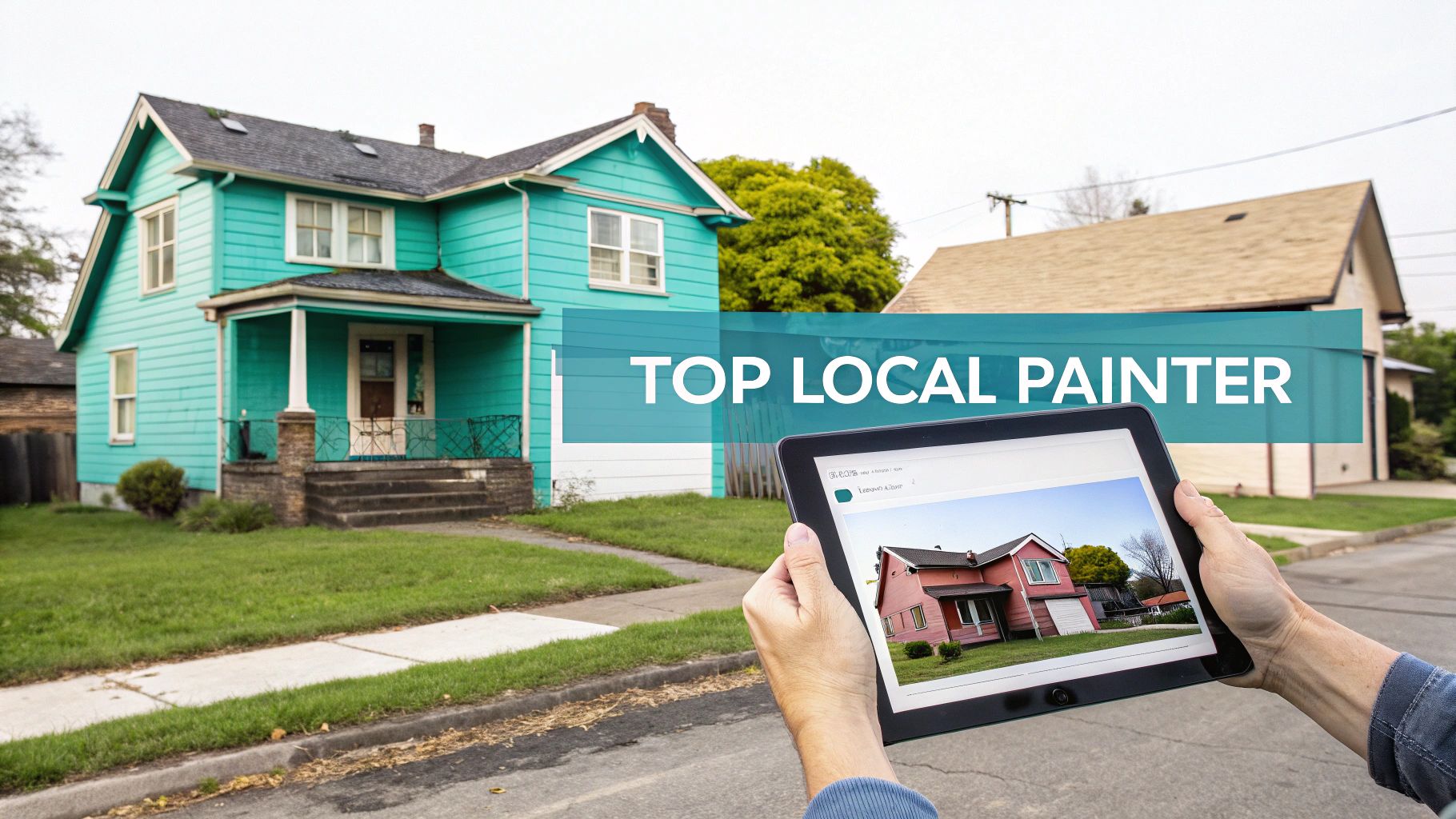 A person holds a tablet displaying a pink house, with a turquoise house in the background and a 'TOP LOCAL PAINTER' overlay.