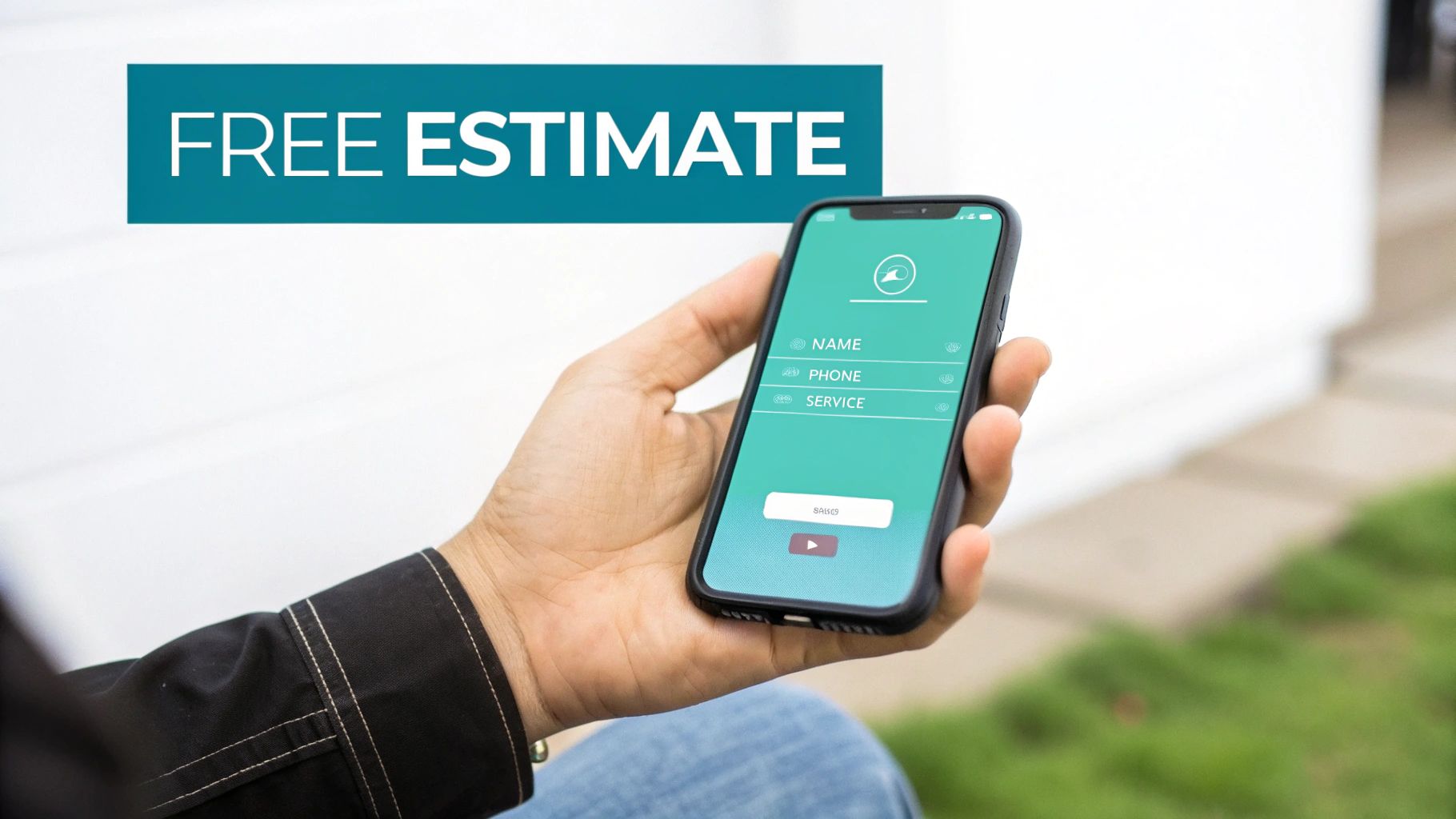 A hand holds a smartphone displaying a form for a free estimate with name, phone, and service fields.