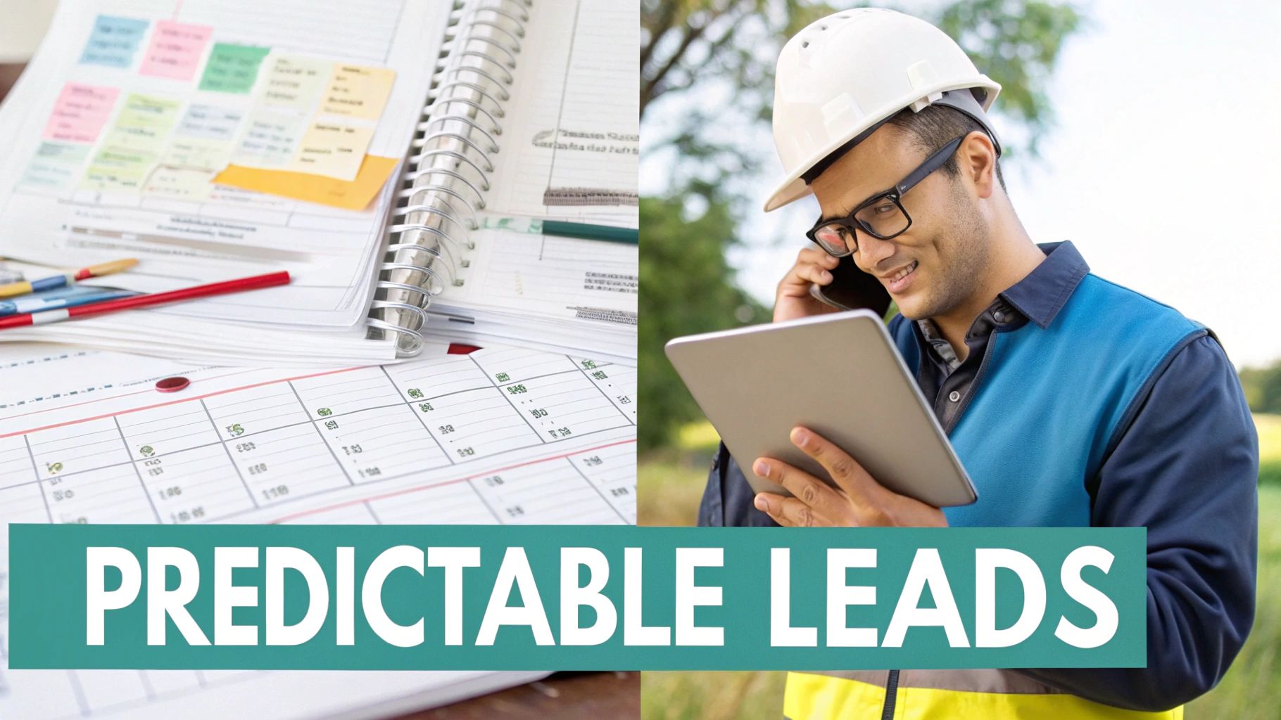 A contractor uses a tablet and phone, with a planner and sticky notes, representing predictable lead generation.