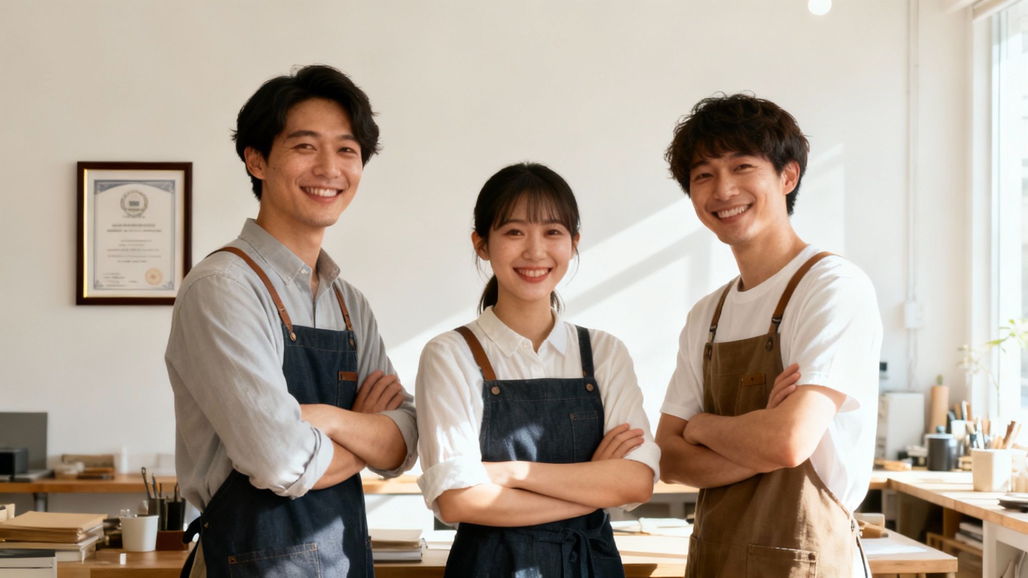 A smiling team of contractors standing confidently in front of their work van.