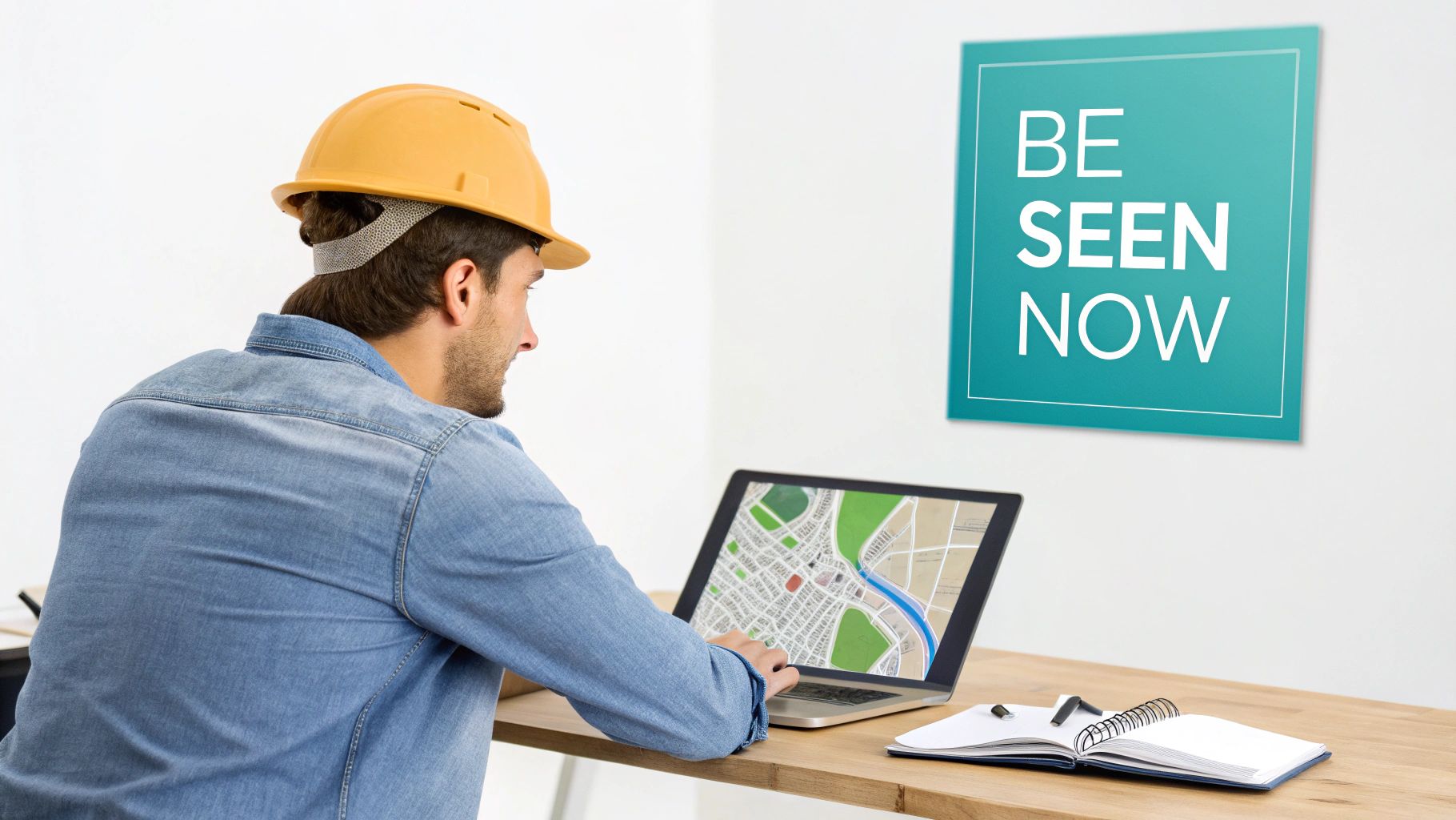 A contractor in a hard hat uses a laptop showing a map, with a 'BE SEEN NOW' sign.