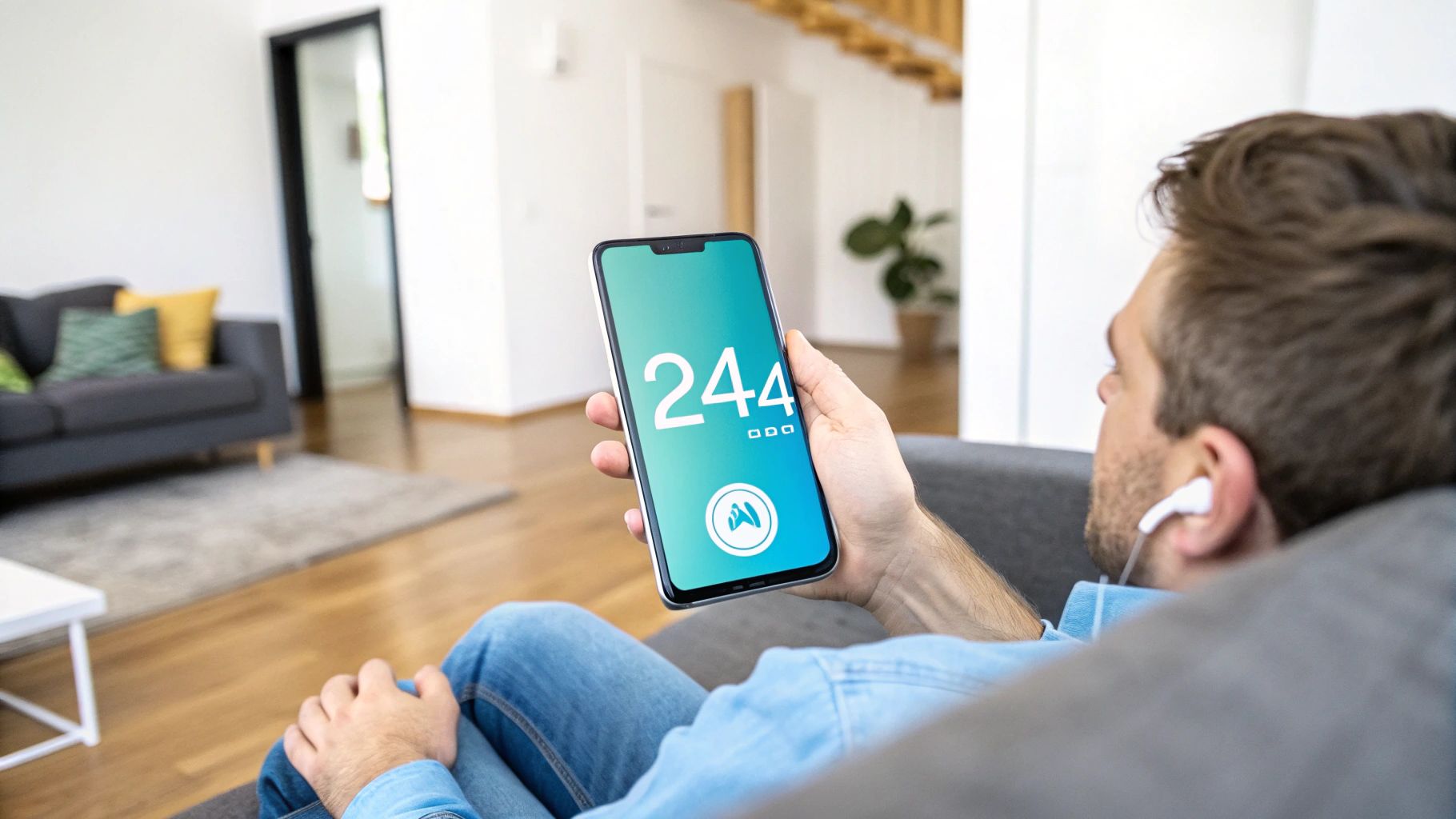 Man with earbuds relaxing on a sofa, looking at his smartphone displaying '244' in a modern living room.