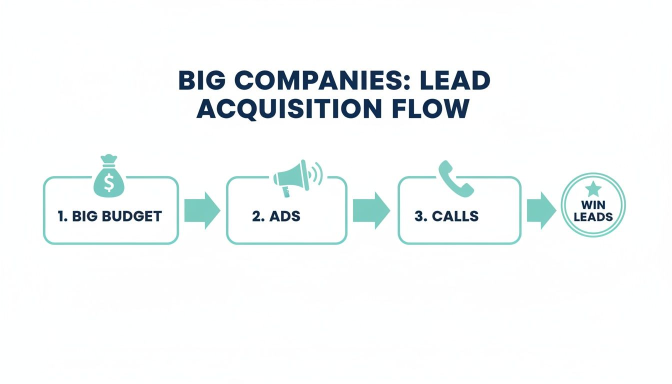 Flowchart illustrating big companies' lead acquisition process: big budget, ads, calls, to win leads.