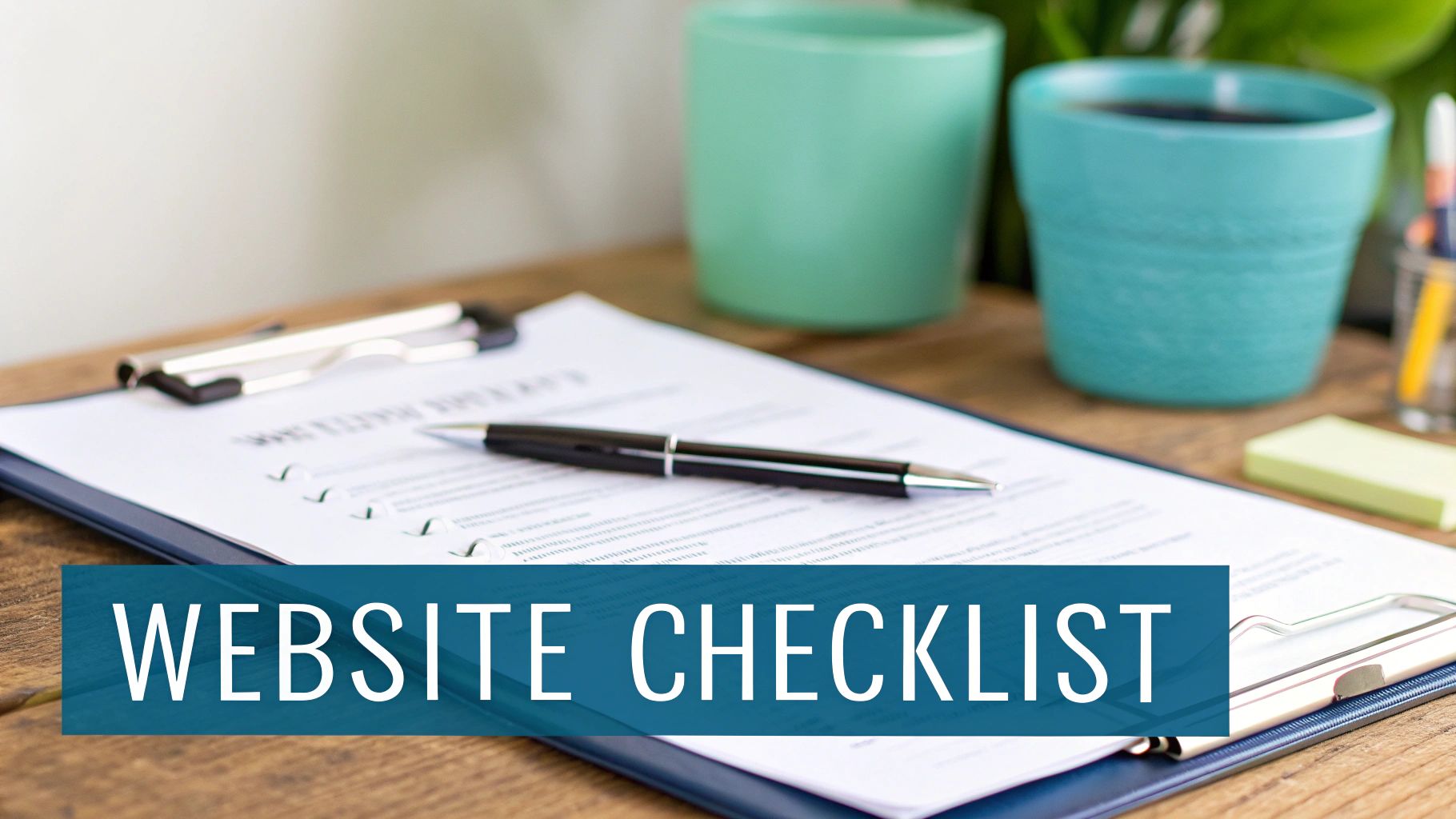 A website checklist on a clipboard with a pen, next to two teal cups on a wooden desk.