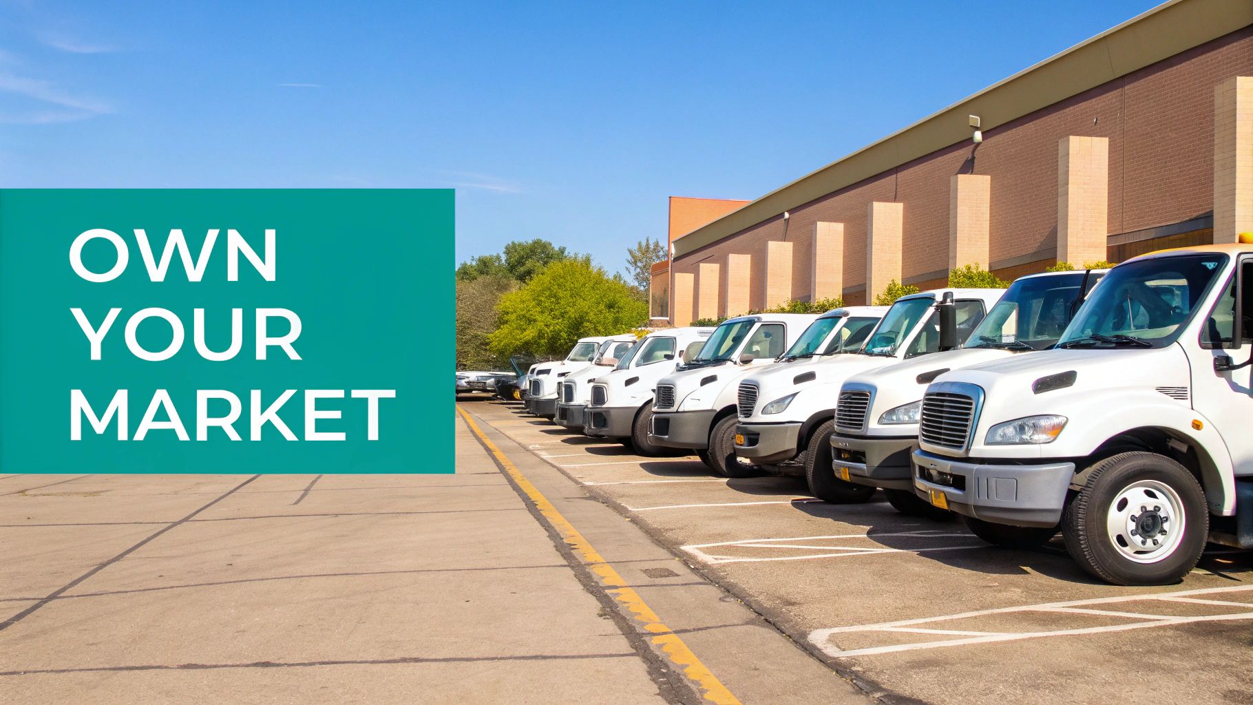 A clear blue sky over white commercial trucks parked in a lot, with a teal 'OWN YOUR MARKET' overlay.
