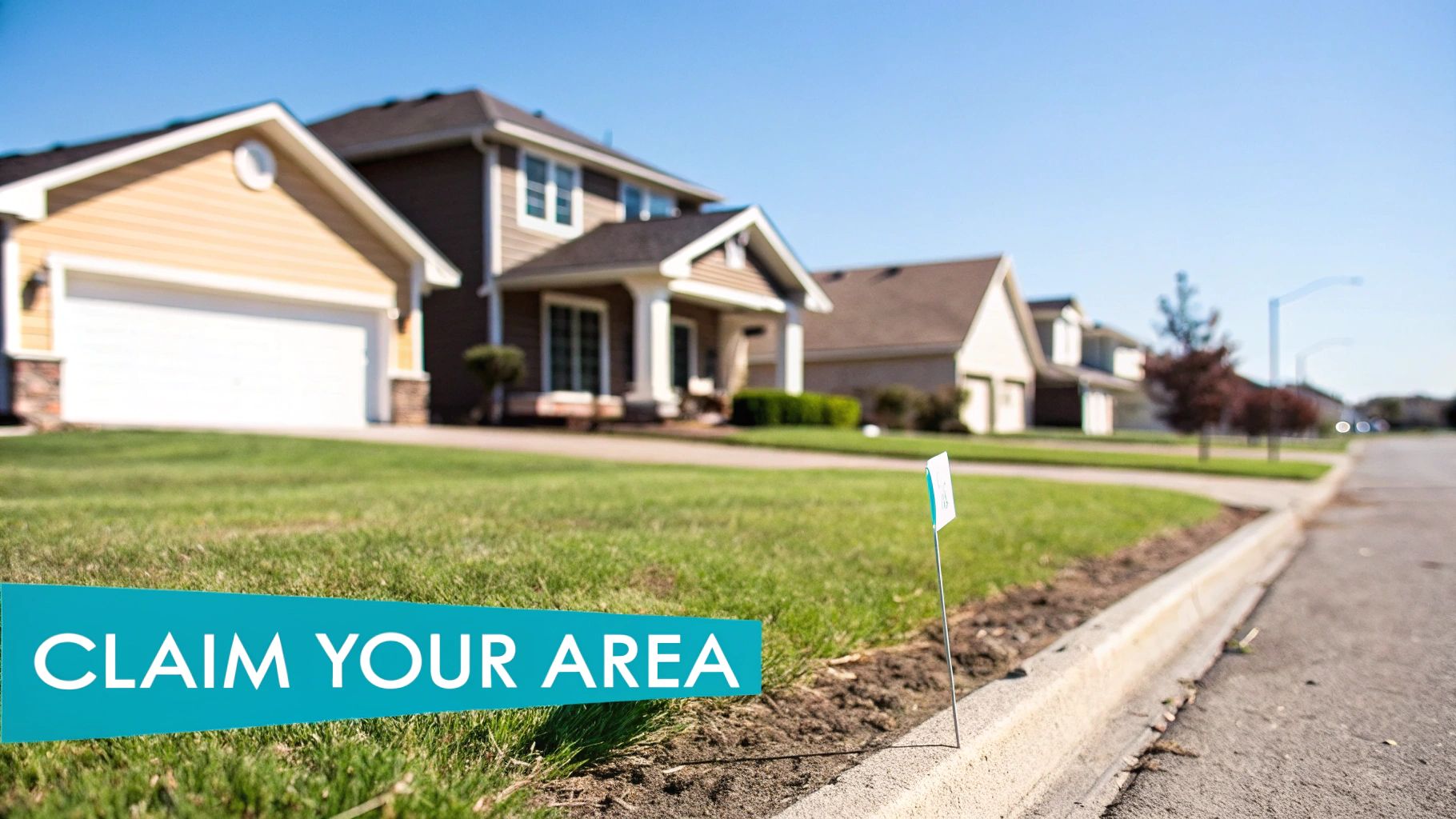 A view of a suburban street lined with houses, featuring a 'CLAIM YOUR AREA' sign on the lawn.