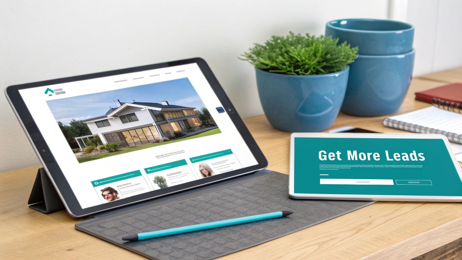 Two tablets on a wooden desk, one displaying a real estate website and the other 'Get More Leads'.