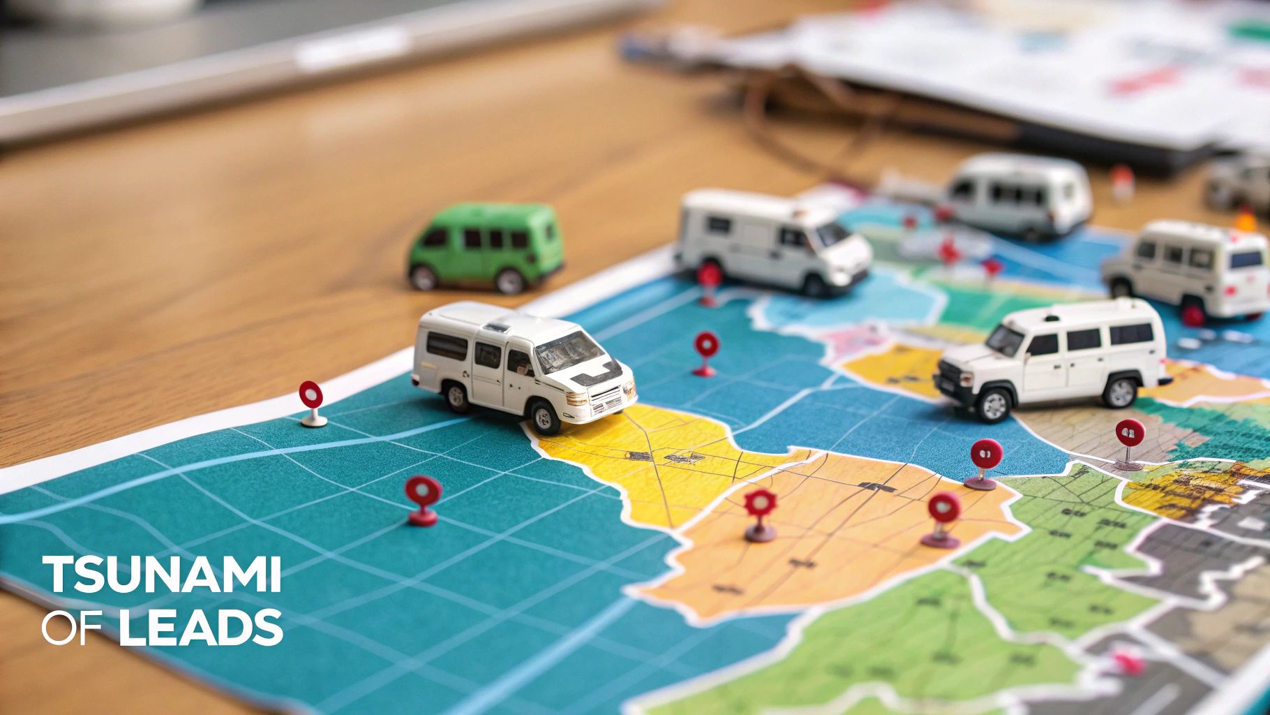 A visual representation of a tsunami wave made of digital icons like search, social media, and websites, symbolizing a flood of leads.