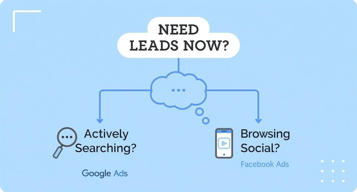 This decision tree helps a local business owner decide between Google Ads and Facebook Ads based on whether their customers are actively searching or just browsing on social media.