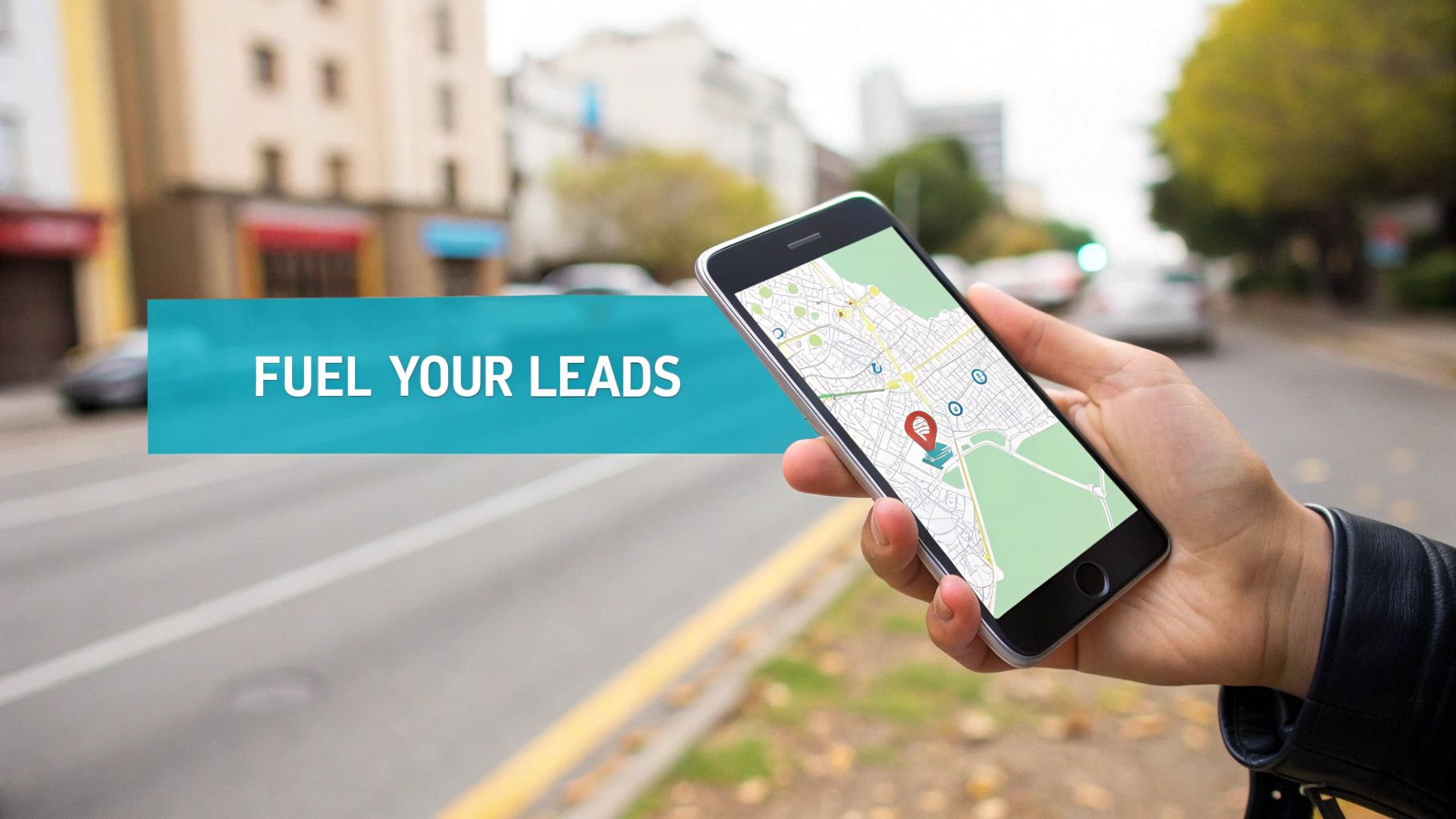 A hand holds a smartphone displaying a map with a location pin, promoting 'FUEL YOUR LEADS'.