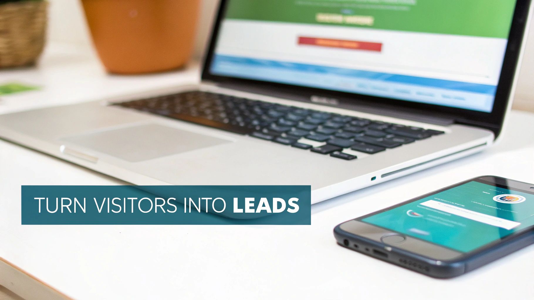 Laptop and smartphone displaying lead generation forms with text turn visitors into leads