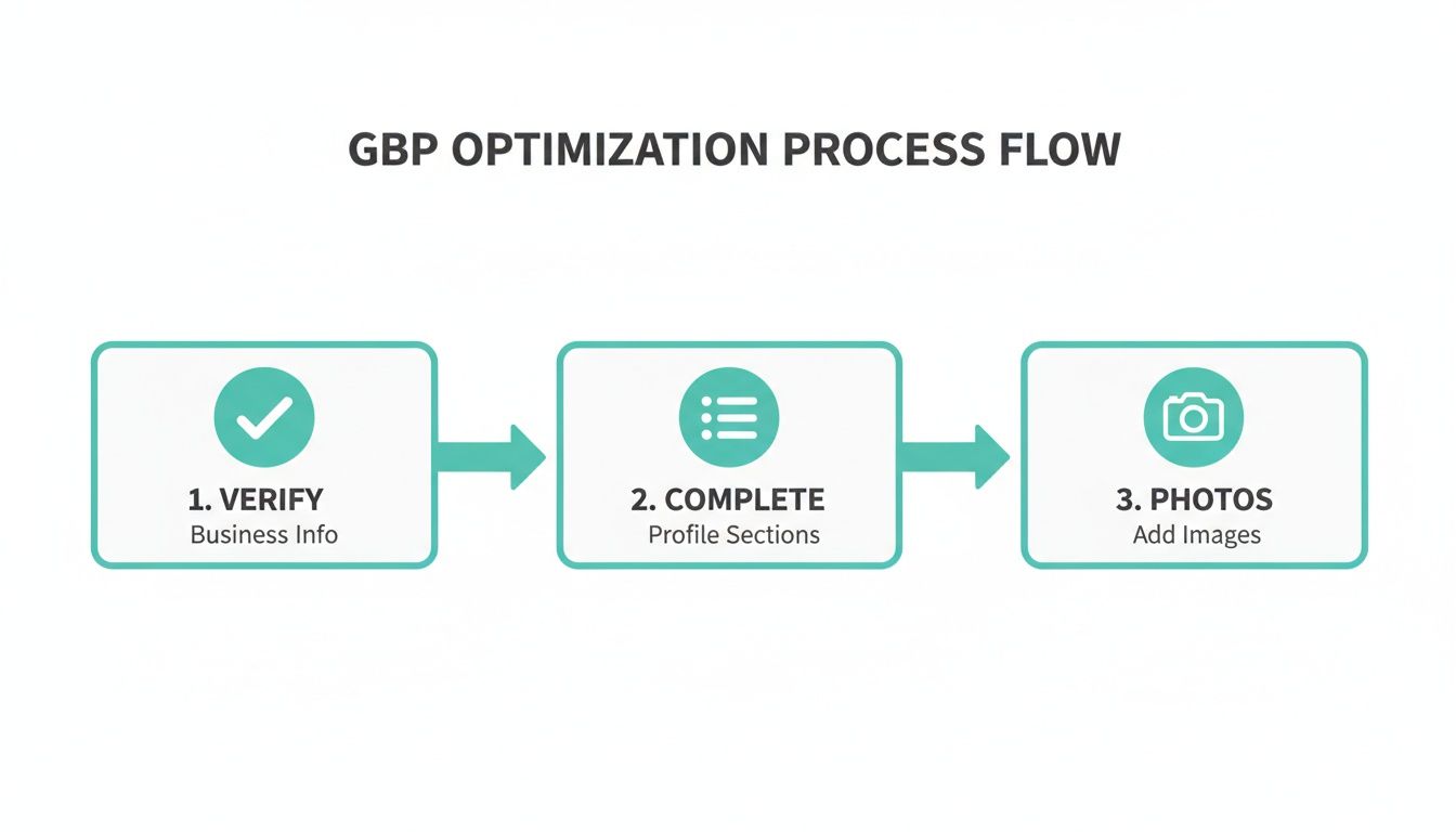 Flowchart outlining three steps for Google Business Profile optimization: verify info, complete profile sections, and add images.
