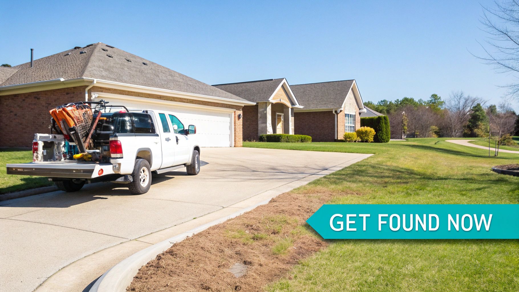 A white pickup truck with landscaping equipment on its bed, parked on a driveway in front of a suburban house.