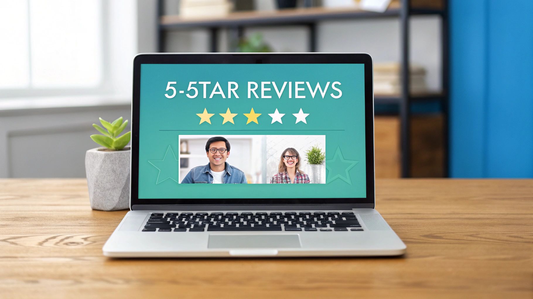 A laptop displaying 5-star reviews with three gold stars and two happy customer faces.