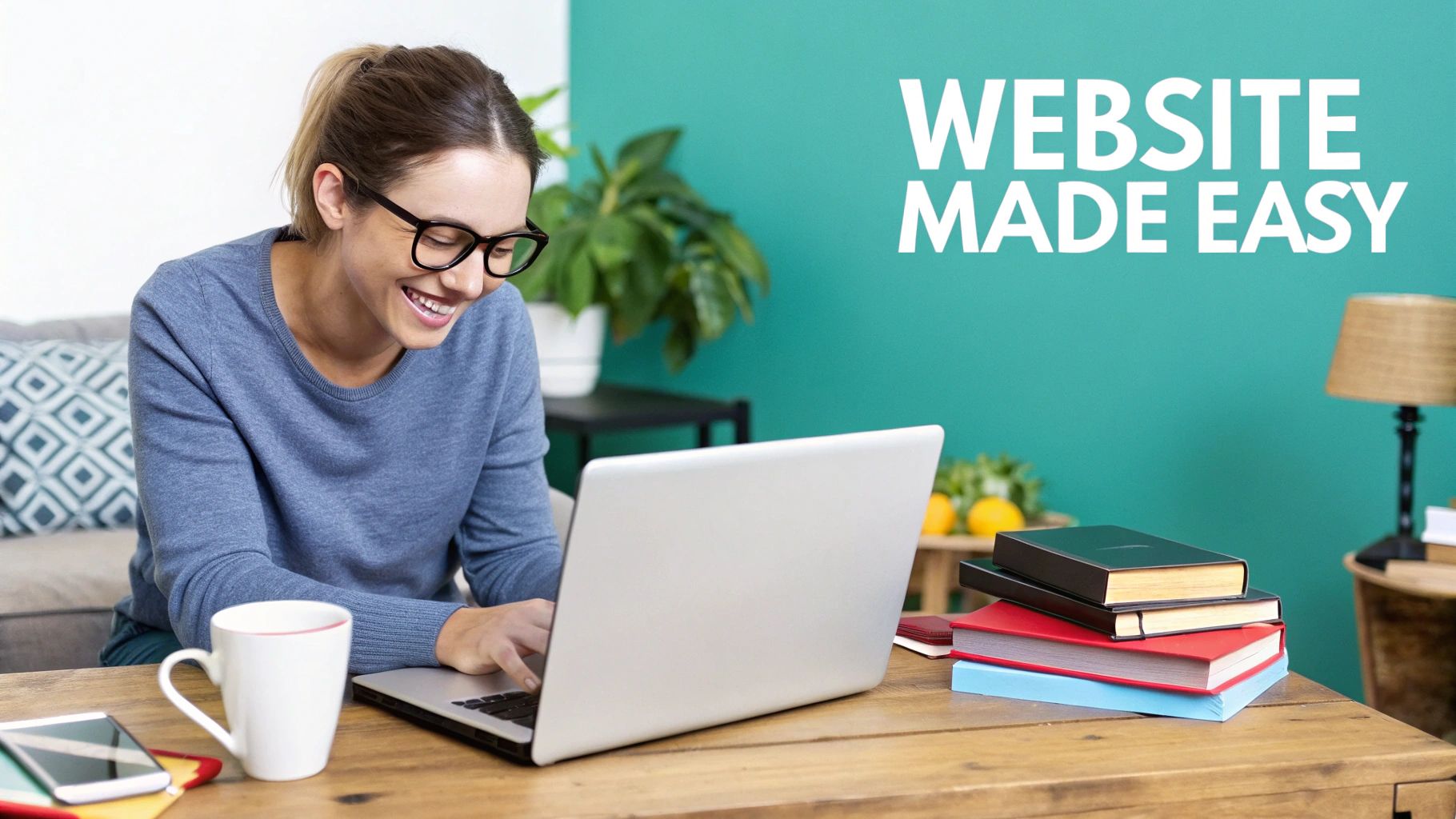 A smiling business owner working on a laptop in a bright, modern office.