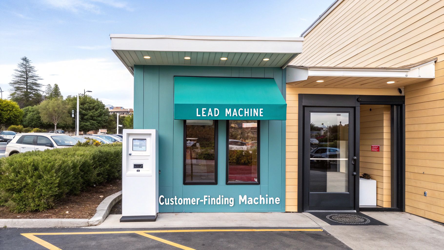 A unique business structure labeled 'Lead Machine' and 'Customer-Finding Machine' with an outdoor kiosk.