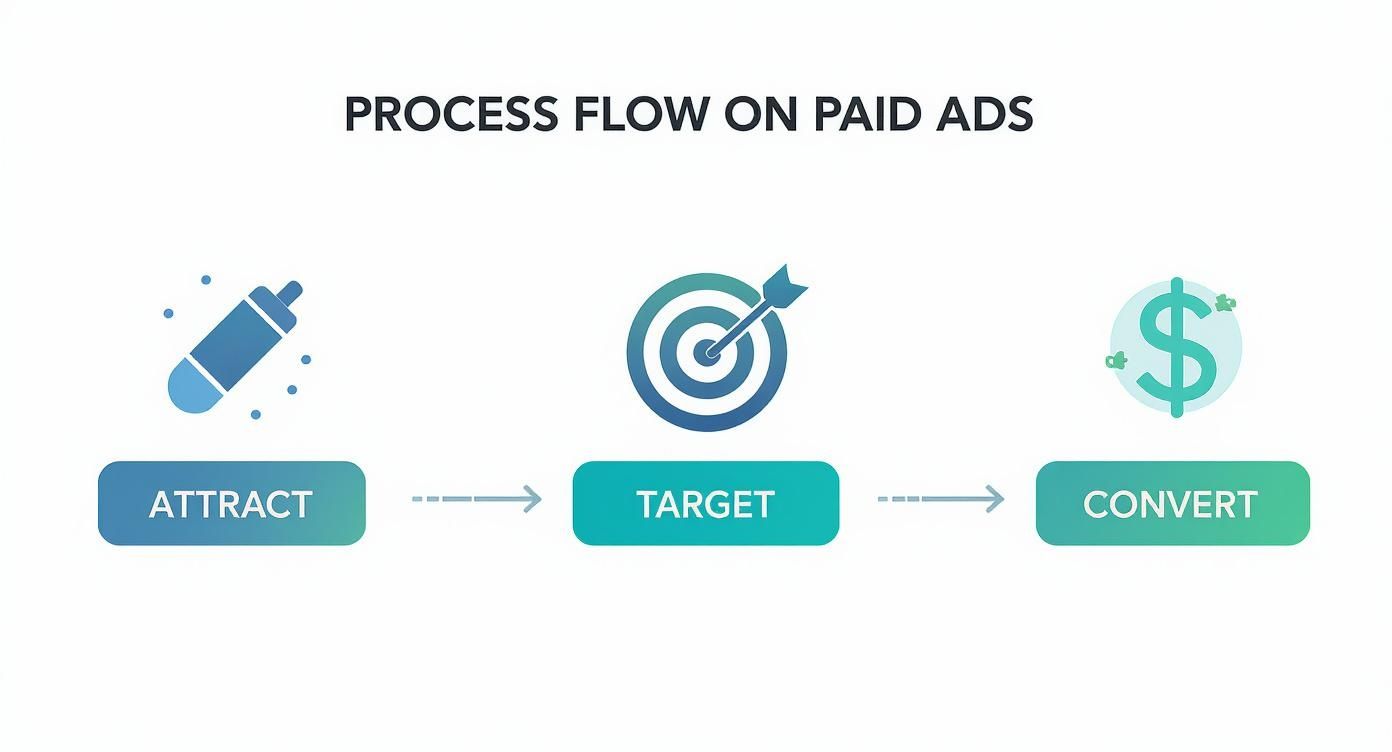 A process flow diagram showing three steps for paid ads: Attract, Target, and Convert.