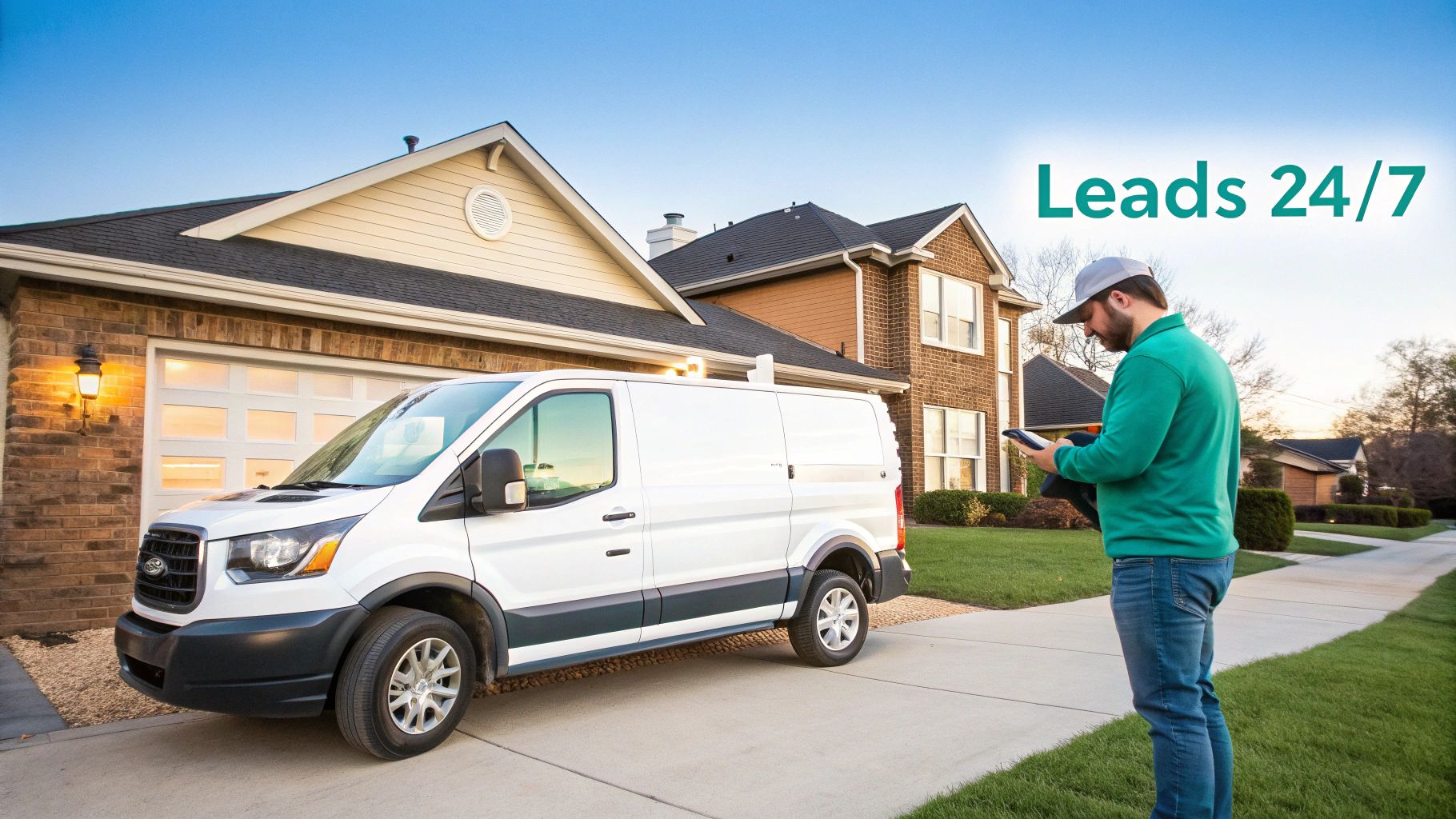 Home service professional with van checking mobile device for customer leads in residential driveway