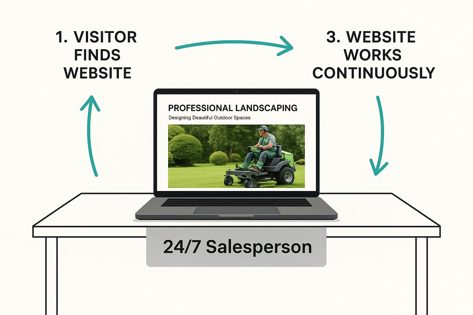 Infographic showing a laptop on a desk with a landscaper's website, featuring the text '24/7 Salesperson'.