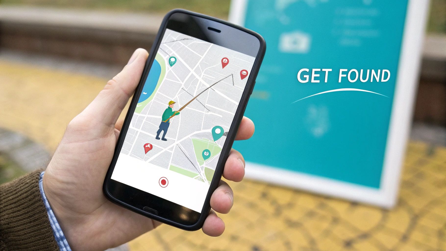 A hand holds a smartphone displaying a fishing map app with location pins, and a 'GET FOUND' sign in the background.