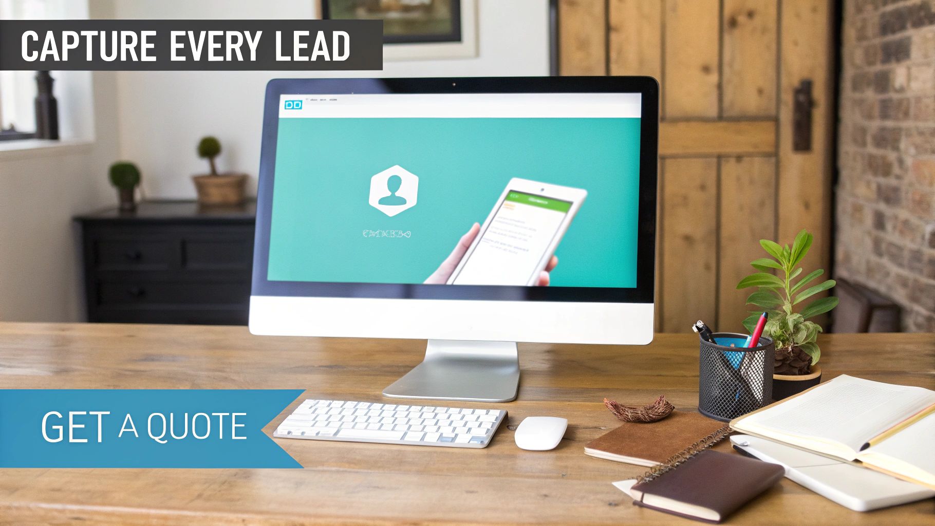 A modern office desk with a computer displaying lead capture software and a smartphone.