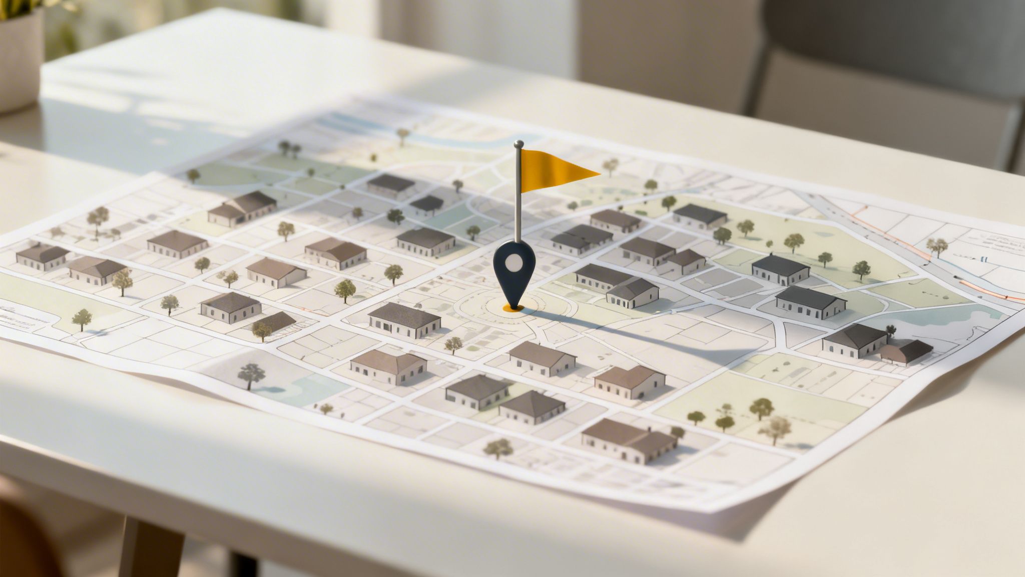 A detailed paper map with miniature houses, trees, and a central location pin with an orange flag, symbolizing property or real estate.