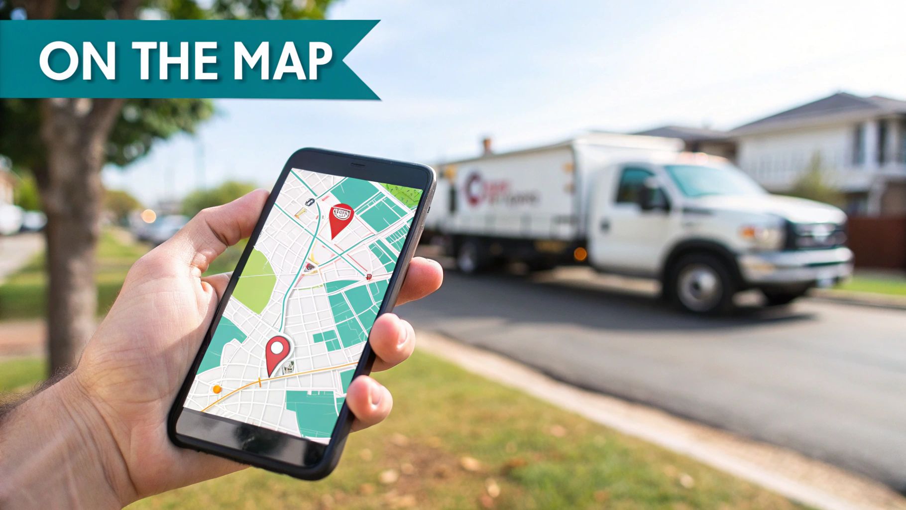 A hand holds a smartphone displaying a map with a route and location pins as a delivery truck drives by.