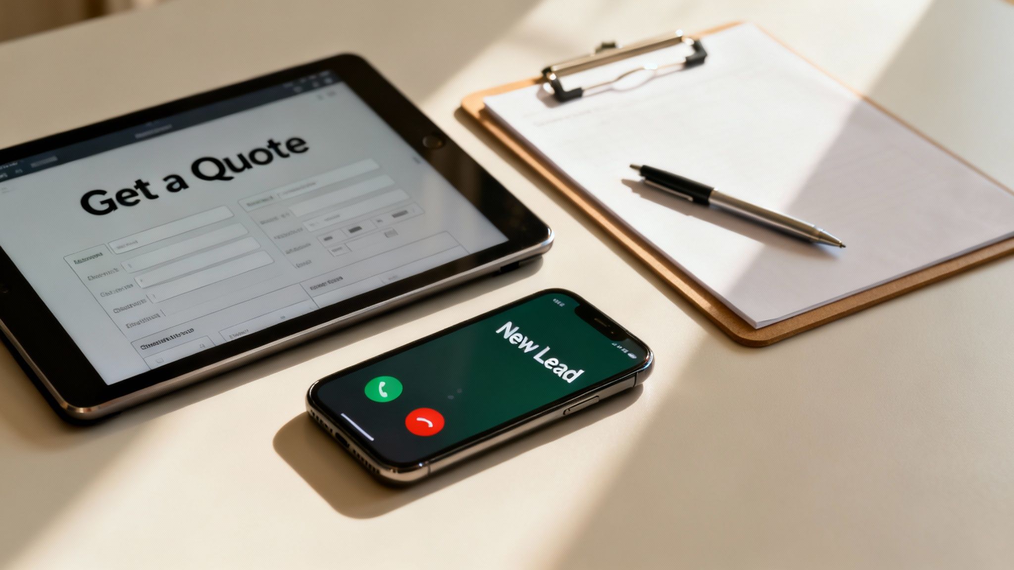 A contractor on the phone, smiling after receiving a new lead from their website.
