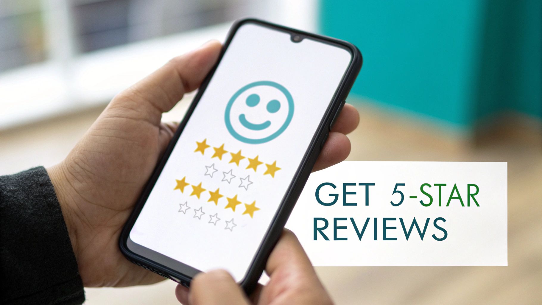 Smartphone displaying positive customer reviews with five stars, encouraging users to get 5-star reviews.