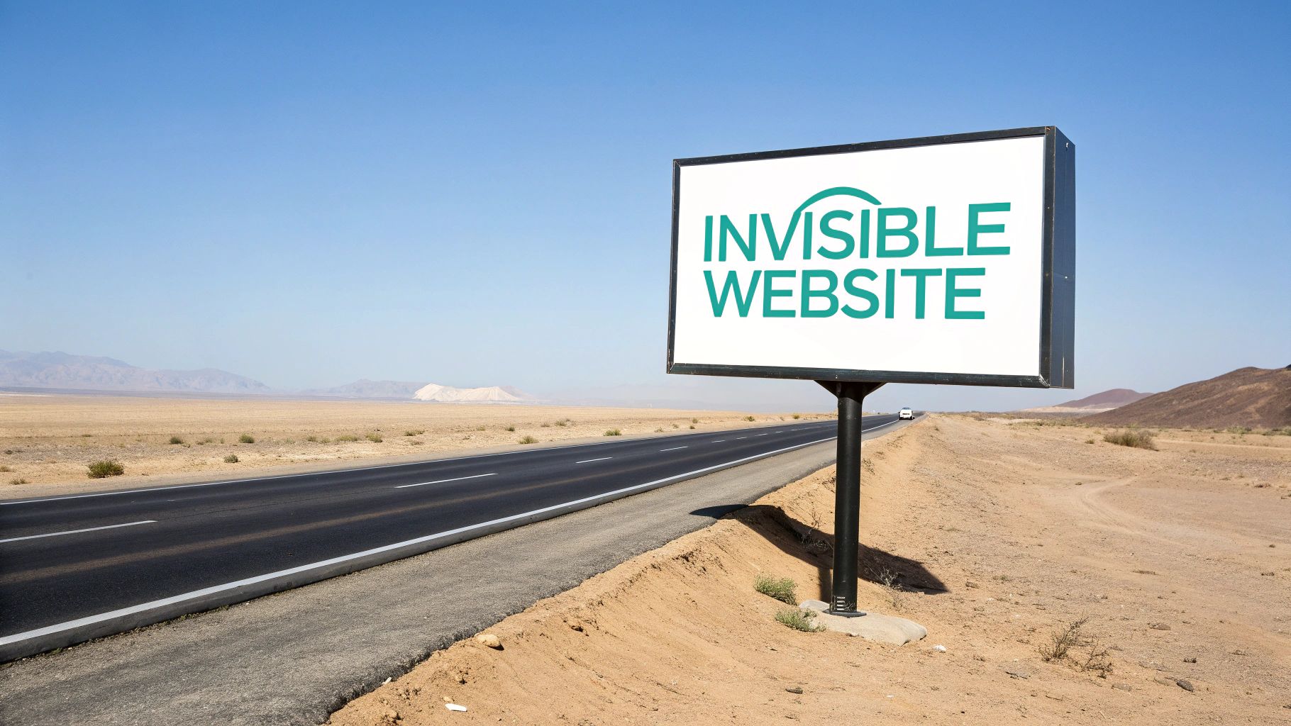 A billboard in a desert displays 'INVISIBLE WEBSITE' next to a long, empty highway under a clear blue sky.